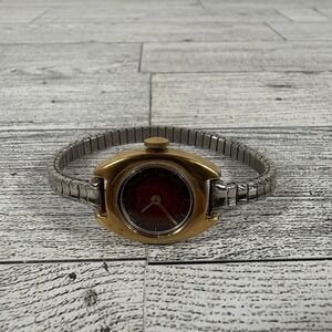 Vintage Timex Watch Burgundy & Gold Stainless Steel Band For Parts Or Repair
